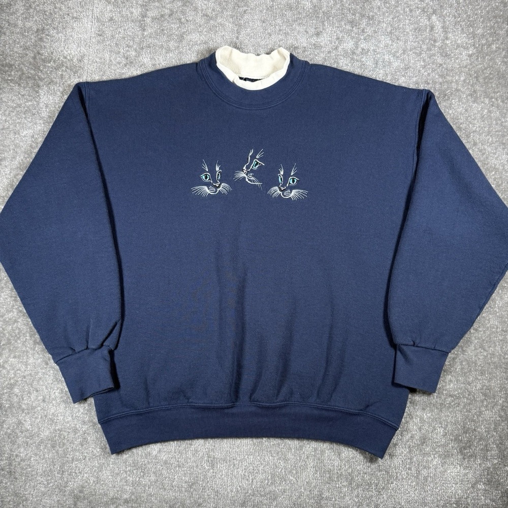 Vintage Fruit Of The Loom Sweatshirt Women's XL Blue Embroidered Cat Whiskers
